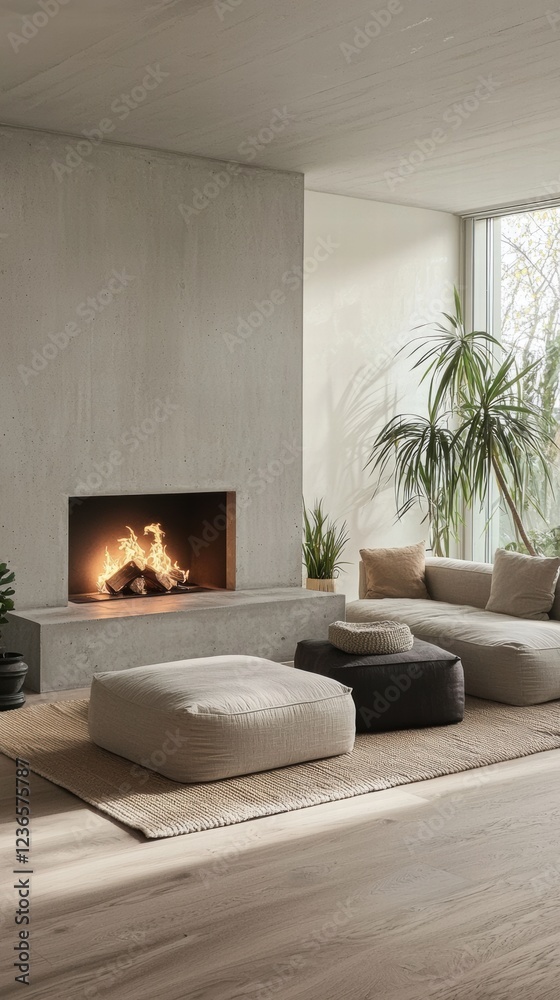 Fototapeta premium Stylish minimalist living room with sleek fireplace and green accents