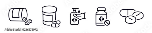 Healthcare Outline Icons Featuring Medicines and Supplies Vector Set