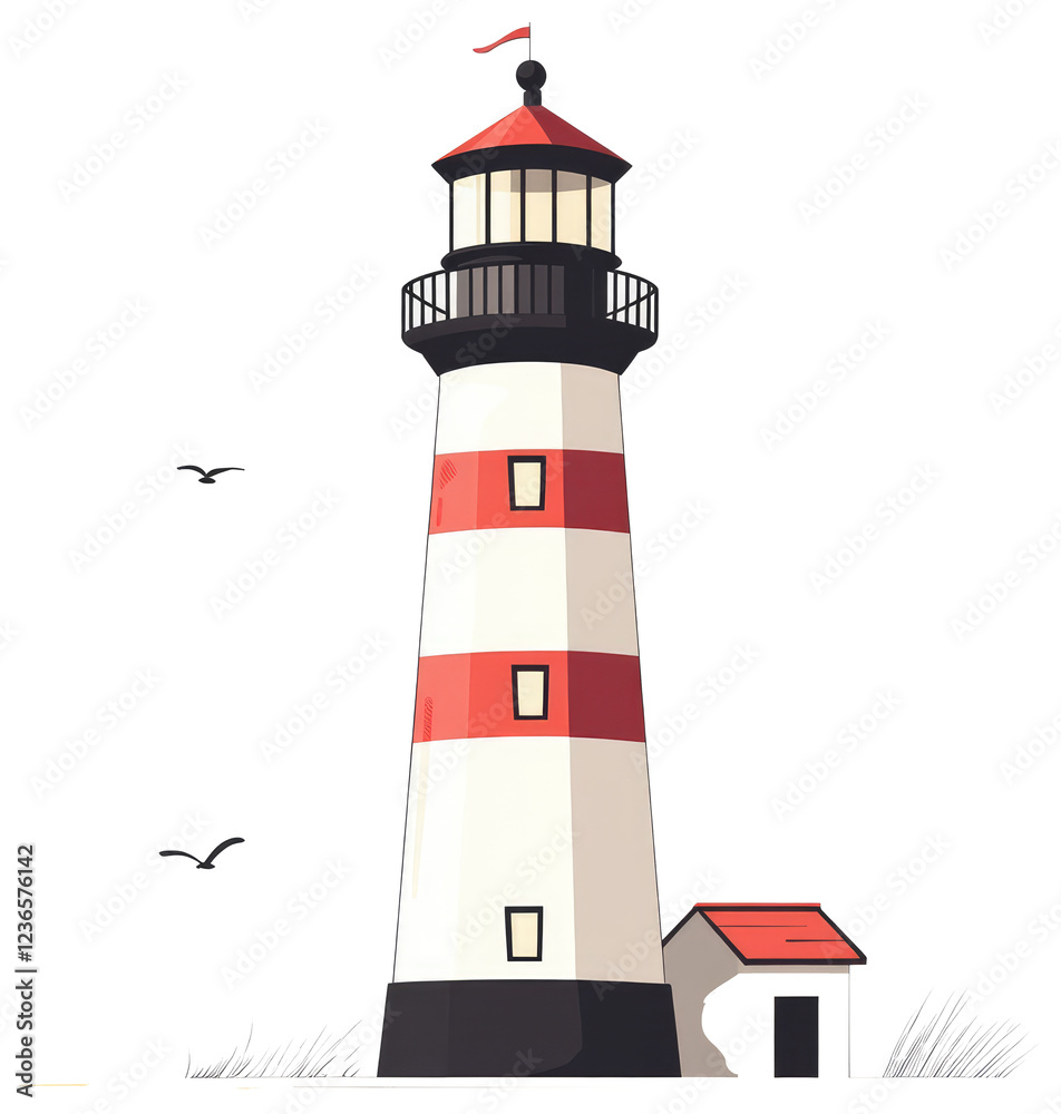 Tall Lighthouse with Red Stripes and Small House Tall Lighthouse with Red Stripes and Small House