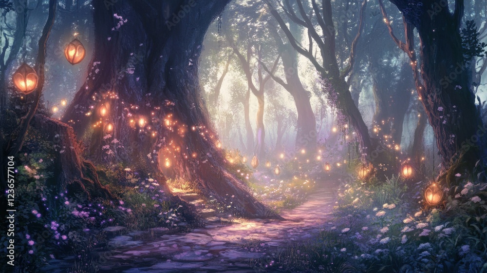 Enchanted forest path illuminated by glowing butterflies at twilight in a serene woodland setting Enchanted forest path illuminated by glowing butterflies at twilight in a serene woodland setting