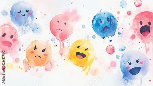 Whimsical watercolor painting featuring thinking face emojis in soft colors on a blended background