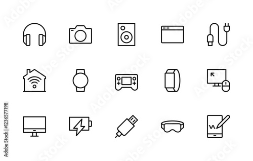 Electronic devices related vector linear icons set. Isolated icon collection such as headphones, camera, speaker, gadget and more.