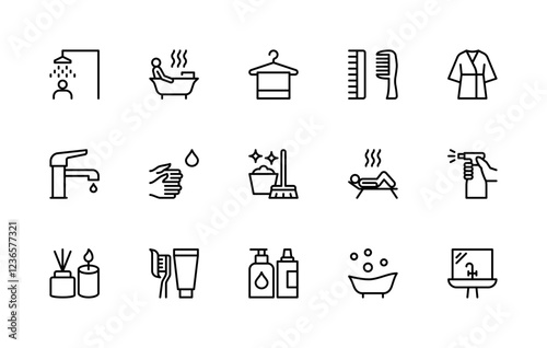 Showering and bathing related vector linear icons set. Isolated icon collection such as shower, bath, towel, comb, robe and more.