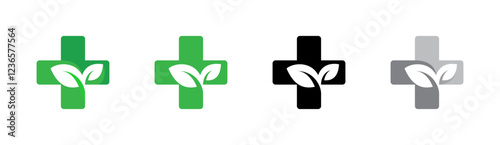 Green Cross with Leaf Health Symbol Vector Set