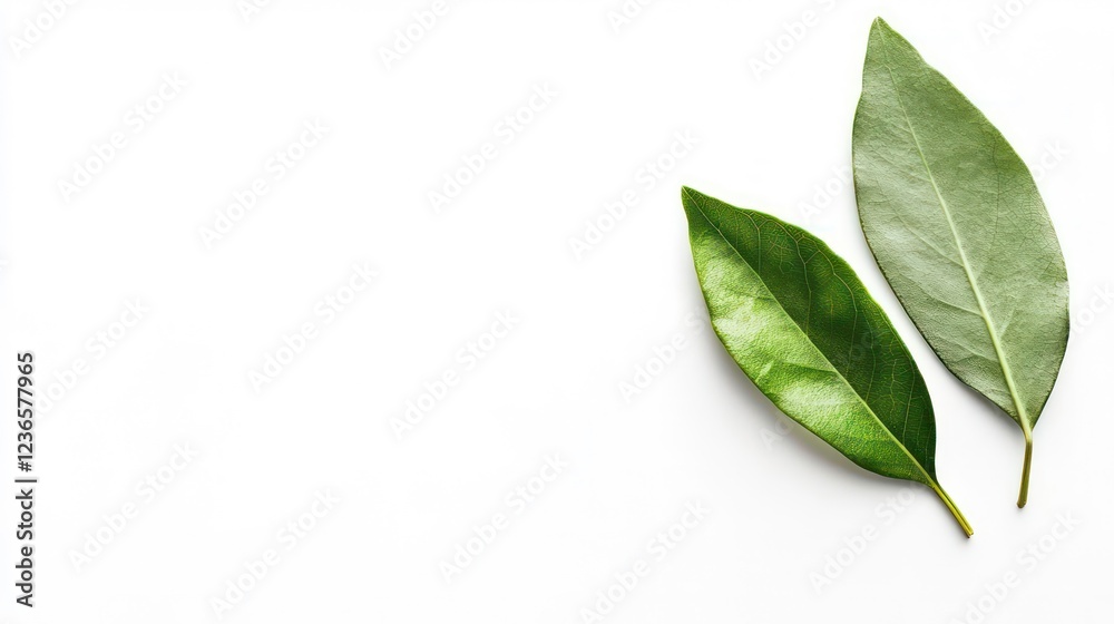 Two green leaves on a white background, copy space. Two green leaves on a white background, copy space.