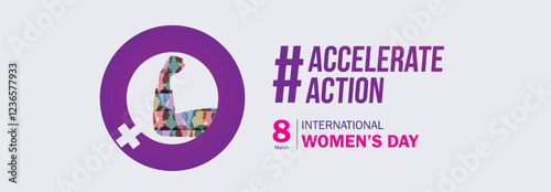 Accelerate action - International women's day concept poster. Woman sign illustration background. 2025 women's day campaign theme - #AccelerateAction