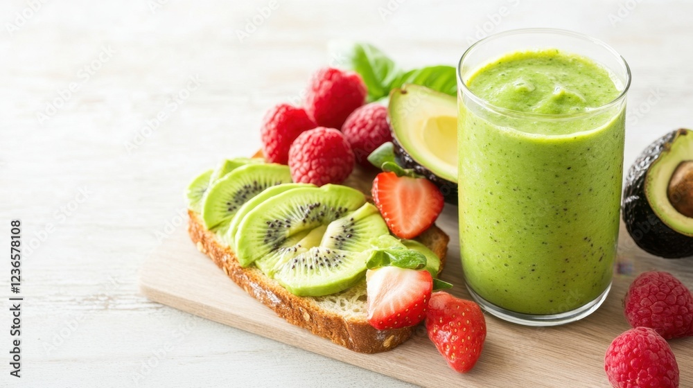 A refreshing green smoothie accompanied by toast topped with kiwi, strawberries, and raspberries, promoting a healthy lifestyle. A refreshing green smoothie accompanied by toast topped with kiwi, strawberries, and raspberries, promoting a healthy lifestyle.