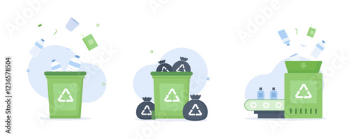 Recycling illustration set. collecting trash, waste disposal, and material reuse. Ideal for sustainability campaigns, environmental education, and waste management infographics. Vector Illustration.