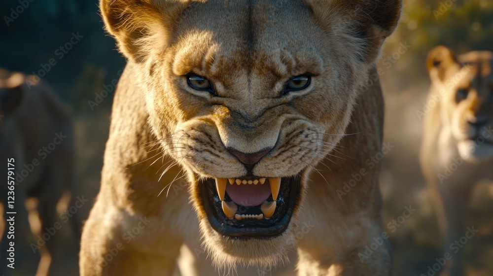 Naklejka premium Lioness's Fury: A Close Encounter with the Majestic Predator