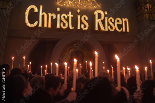 Celebration of Easter in a joyous church procession with candles held high by congregants at a festive gathering in the evening photo