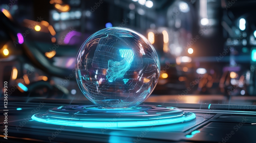 Fototapeta premium A 3D wireframe sphere glowing in shades of blue, surrounded by light trails and tech elements.