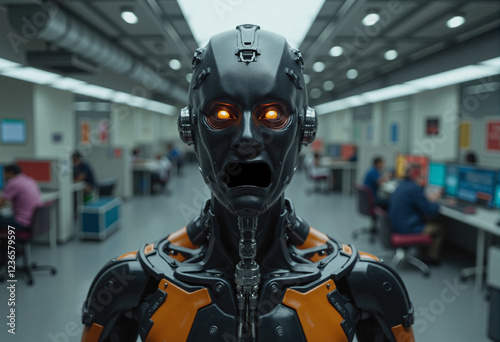 Robotic Head with Glowing Eyes in Control Room