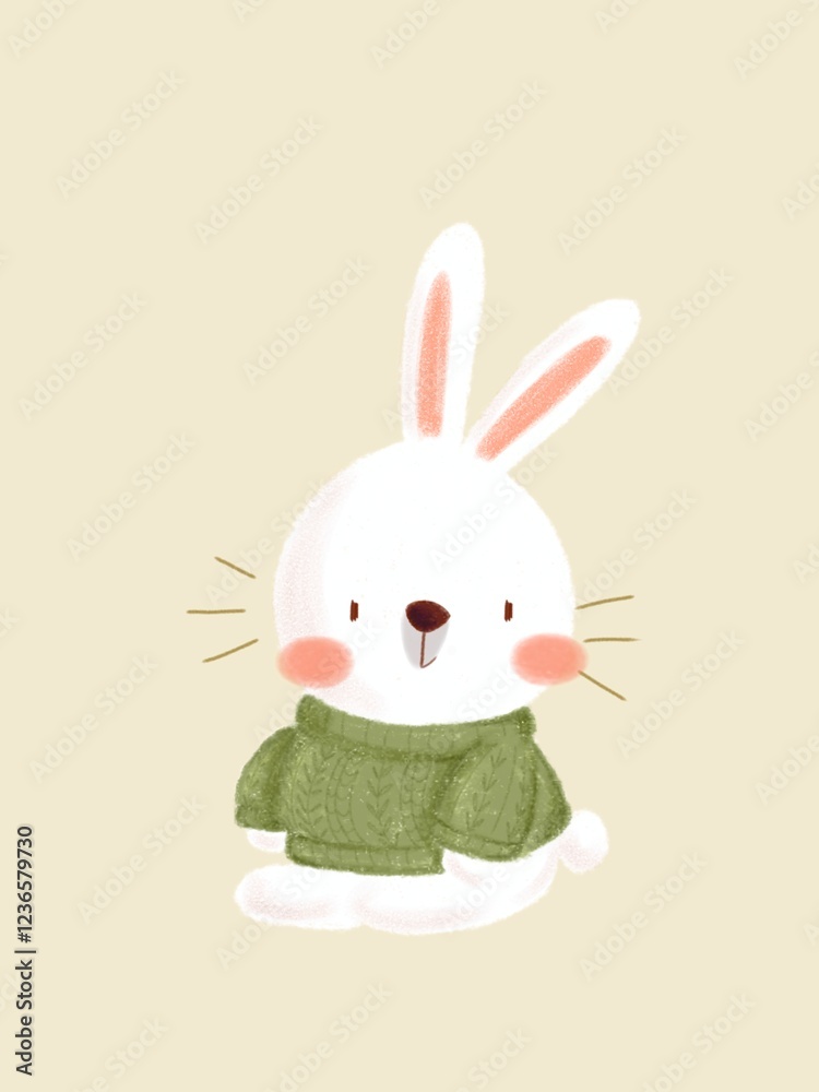 cute illustration of bunny. drawing of a rabbit is wearing green clothes. symbol of Easter, spring. cute drawing for kids. decoration for postcards cute illustration of bunny. drawing of a rabbit is wearing green clothes. symbol of Easter, spring. cute drawing for kids. decoration for postcards