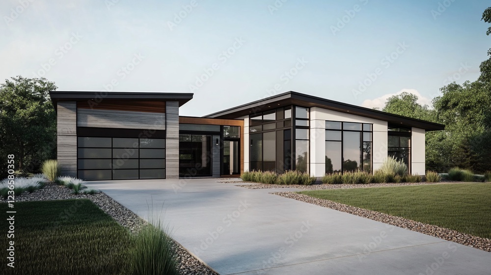 Modern Single-Story House with Flat Roof, Large Windows and Concrete Driveway on a Sunny Day Modern Single-Story House with Flat Roof, Large Windows and Concrete Driveway on a Sunny Day