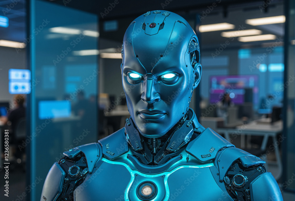 Futuristic Robot Head, Upper Body Closeup, with Glowing Blue Eyes, Metallic Blue Color, Piercing Expression, Office Background Futuristic Robot Head, Upper Body Closeup, with Glowing Blue Eyes, Metallic Blue Color, Piercing Expression, Office Background