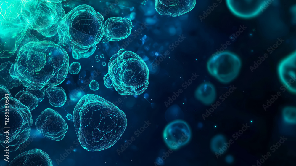 Microscopic view of glowing cells floating in dark space Microscopic view of glowing cells floating in dark space