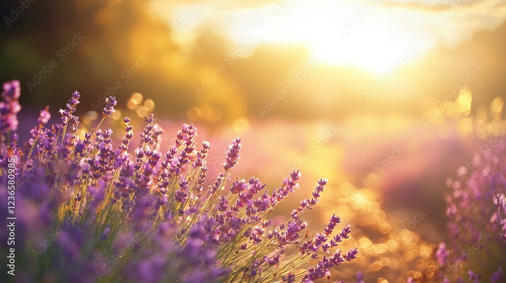 Obraz premium Rows of blooming lavender plants at sunset, with golden light illuminating the field.