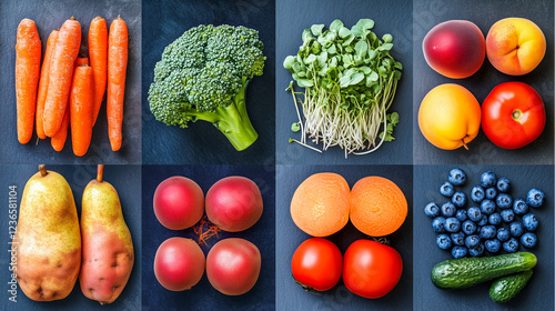 Fresh selection of colorful fruits and vegetables arranged neatly on a dark surface