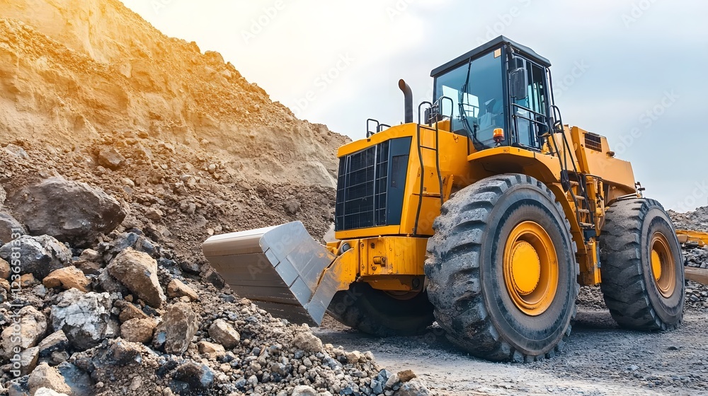 Obraz premium Heavy Machinery Excavating and Transporting Materials in Industrial Worksite