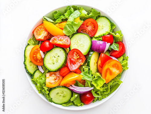 Freshly prepared colorful salad with assorted vegetables in a white bowl on a bright surface