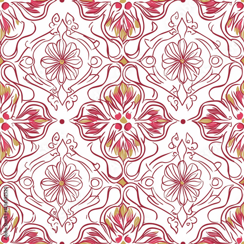 Wallpaper Mural Floral pattern design featuring intricate red and gold motifs on a white background. Torontodigital.ca