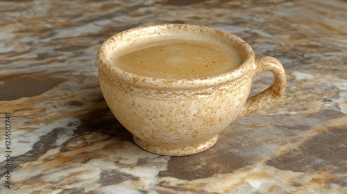 Creamy coffee in a speckled beige cup on a marbled surface. photo