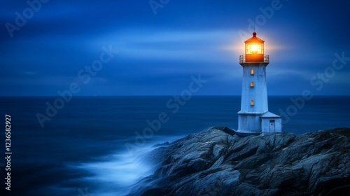 Serene night scene lighthouse beacon glows peaceful ocean starry sky