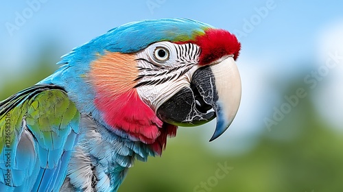 Vibrant Blue throated Macaw Parrot Close Up Profile Exotic Bird Colorful Feathers photo