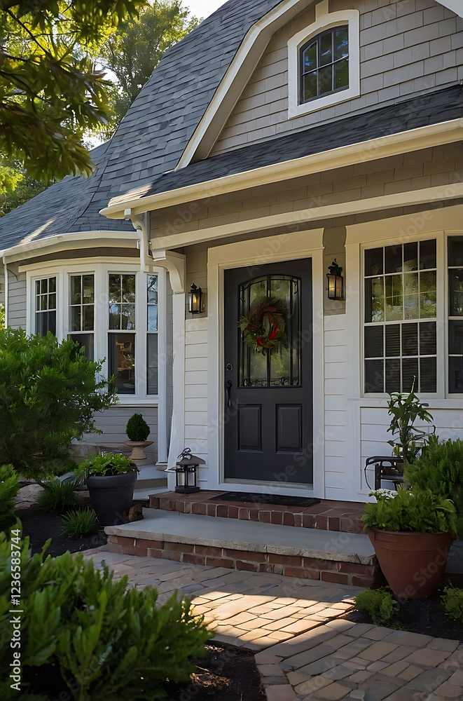 Obraz premium Charming Home Exterior with Brick Pathway and Lush Greenery. This inviting house boasts a beautiful front door and well-maintained landscaping, creating a welcoming atmosphere.
