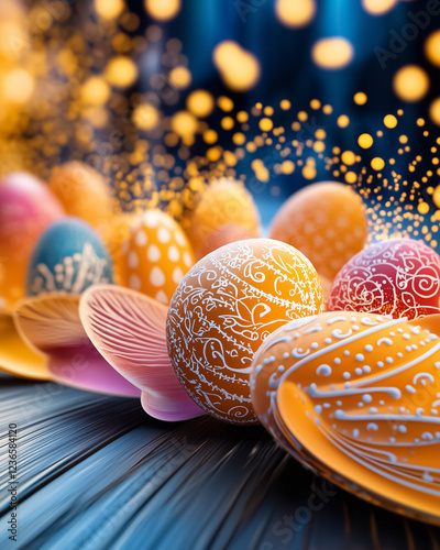 Easter eggs decorated with elaborate patterns sit gracefully under warm natural light. Vibrant colors and delicate designs create a festive atmosphere
