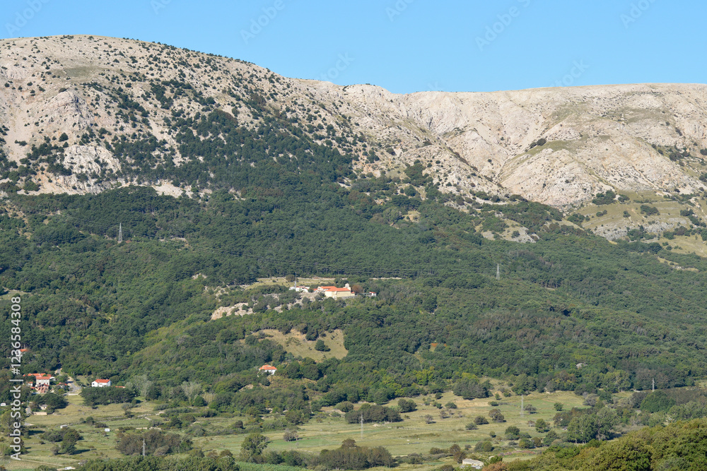 Obraz premium Nestled amidst a lush, verdant landscape, the Sanctuary of the Mother of God of Gorica (Svetiste Majke Bozje Goricke) stands prominently in the center of the image, on Island Krk in Croatia
