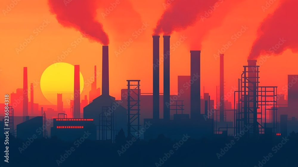 Obraz premium Glowing Industrial Park at Sunset with Silhouetted Factories and Modern Architecture