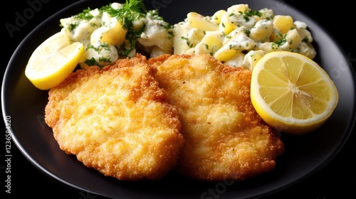 Crispy breaded fish fillet served with potato salad and lemon slices. photo