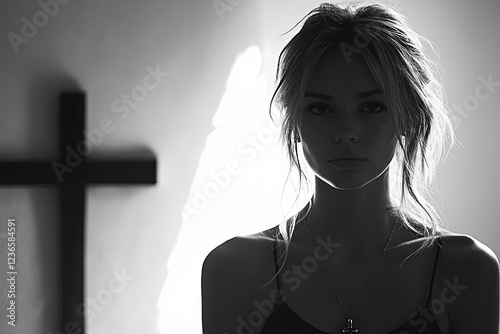  Black Christian cross in silhouette form, bold and striking against clean white backdrop, symbolizing faith, devotion, and religious significance. photo