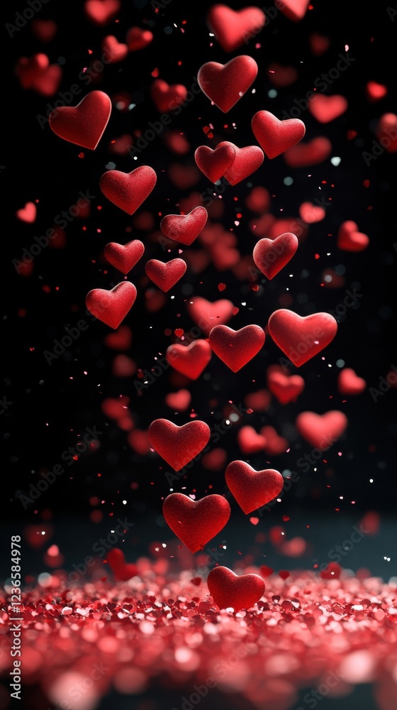 Obraz premium Red hearts cascade in a shimmering display against a dark backdrop, creating a romantic atmosphere with a touch of magic