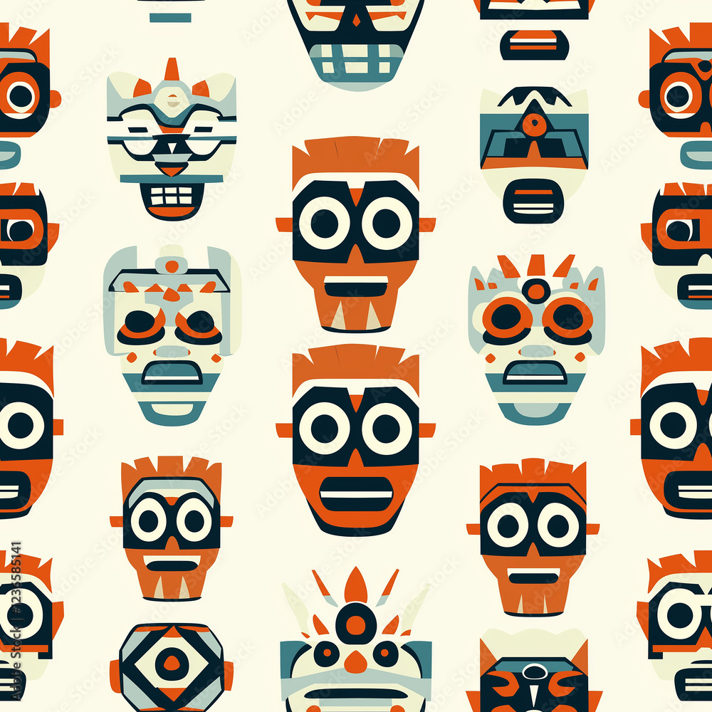 Colorful graphic patterns of stylized masks with bold facial features and vibrant colors. Colorful graphic patterns of stylized masks with bold facial features and vibrant colors.