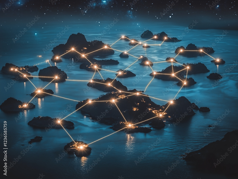 Naklejka premium Illuminated Island Network Under Starry Sky