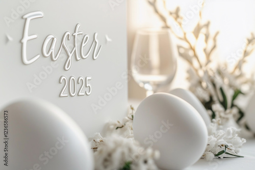 Elegant modern Easter celebration background featuring white eggs and floral decorations for 2025 photo