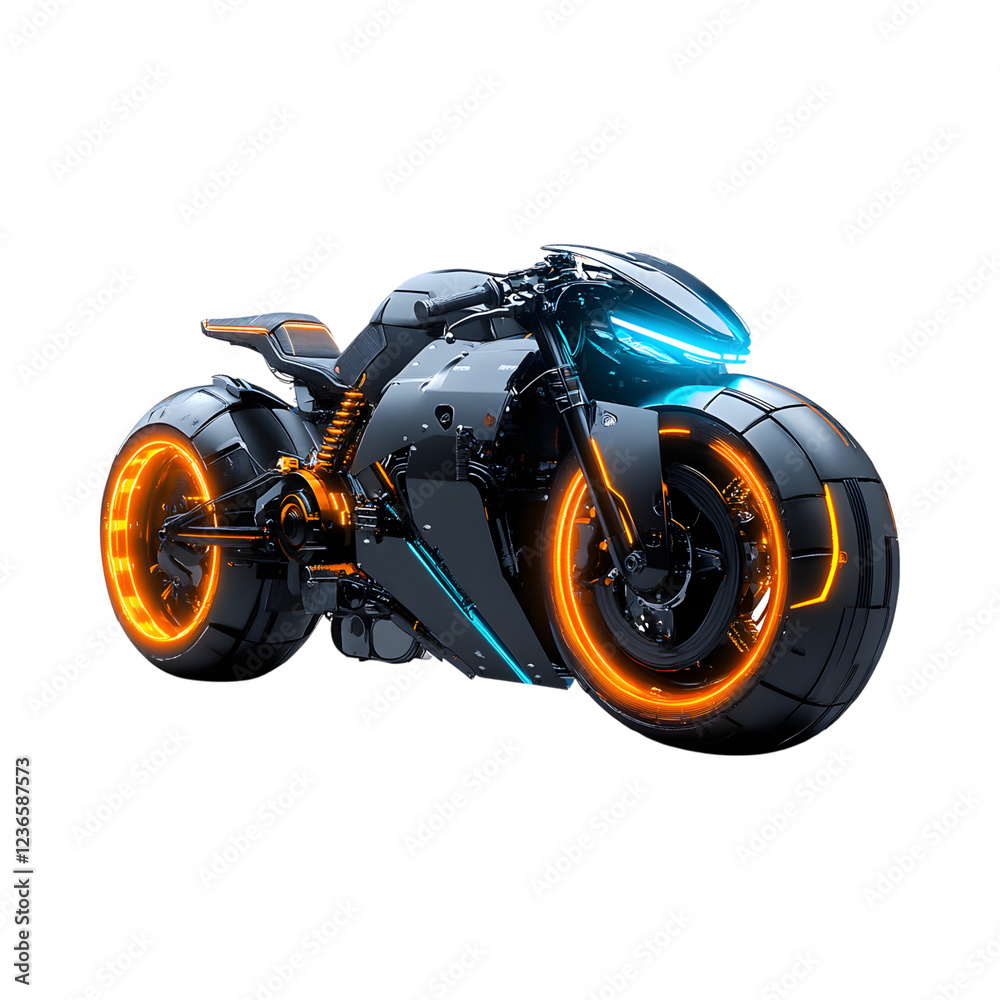 Sleek Cyberpunk Motorcycle with Glowing Tires Isolated on Transparent Background Sleek Cyberpunk Motorcycle with Glowing Tires Isolated on Transparent Background