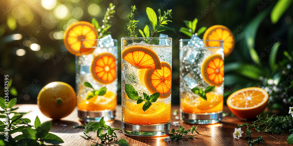 Outdoor display of refreshing orange-infused drinks with mint and tropical vibes
