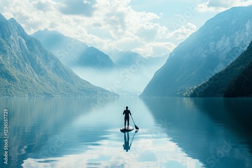 Embracing nature while paddleboarding in a tranquil lake surrounded by majestic mountains at sunrise