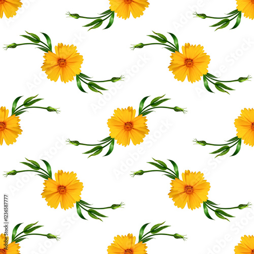 Summer floral seamless pattern. Bright yellow Lanceleaf Coreopsis flowers with green leavs isolated on white background. Design for wrapping paper, fabric, wallpaper, backgrounds.