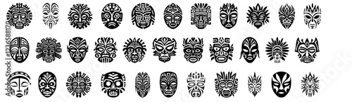 African mask colorful ethnic tribal ritual accessories different shape set vector flat illustration. Aztec Afro Indian Maya Mexican traditional native culture wooden carnival element for face cover