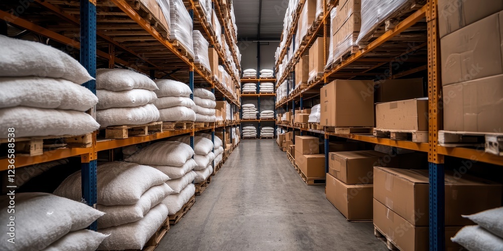 Warehouse aisle filled with bags and boxes on shelves, showcasing organized storage space. Warehouse aisle filled with bags and boxes on shelves, showcasing organized storage space.