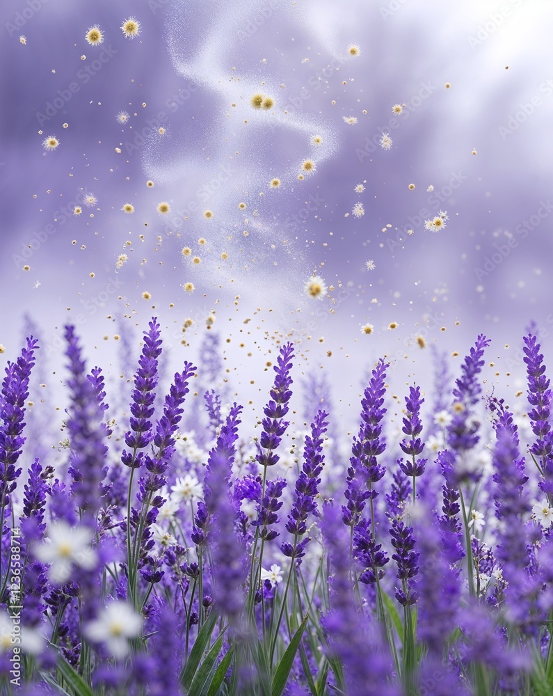Naklejka premium Light lavender and white with a mist of pollen floating through the air abstract Spring season concept background
