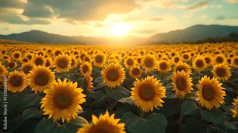Obraz premium Vibrant sunset over a vast sunflower field, showcasing the beauty of nature and agriculture.