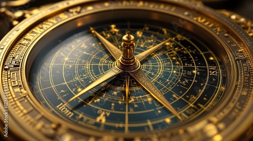 Intricate, golden astrolabe with detailed engravings on a dark background.