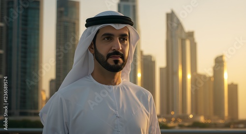 A close-up portrait of a man in traditional Arab attire, gazing thoughtfully into the distance.