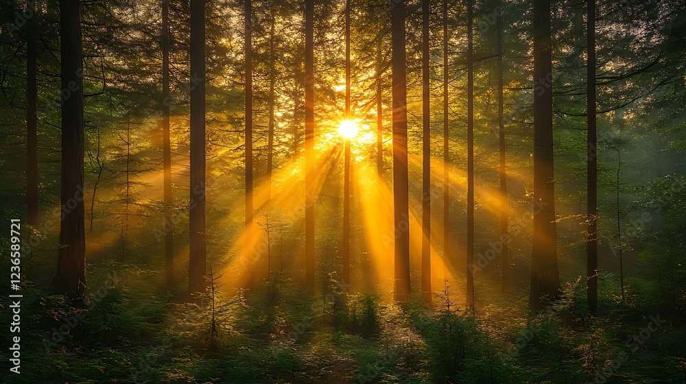 Obraz premium Sun rays through misty forest at sunrise.