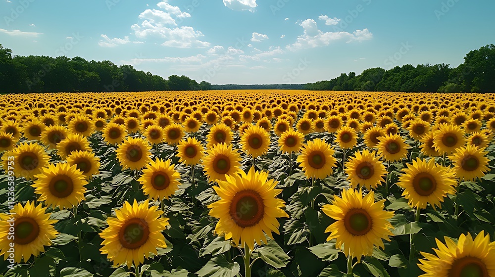 Obraz premium Vast sunflower field under a bright summer sky.